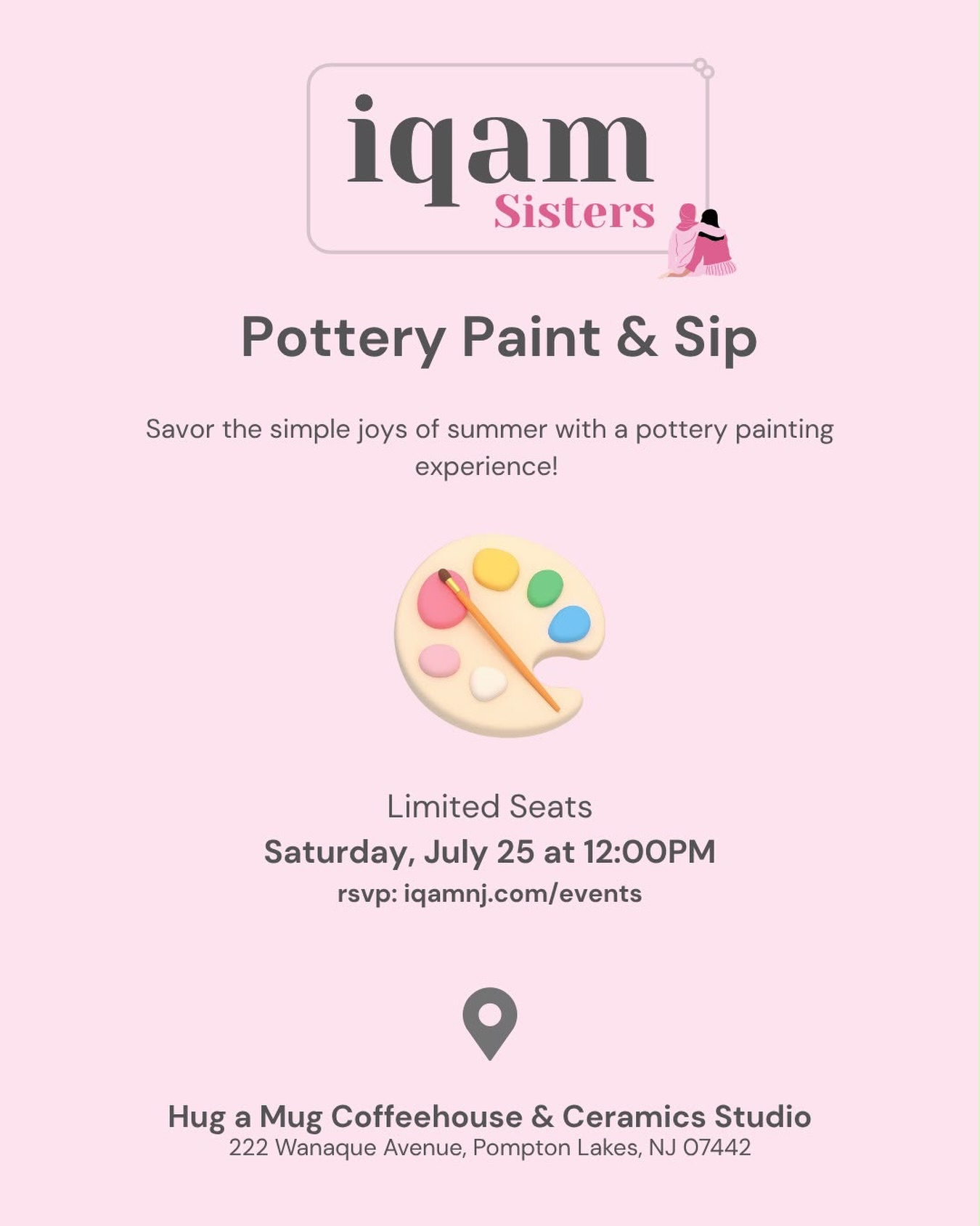 Join us for an event led by our Sisters group!

Savor the simple joys of summer with a pottery painting experience! Choose your favorite ceramic piece, sip some coffee, and enjoy freshly baked treats while you create.

Ticket is required and includes supplies and a ceramic piece of your choice.

Rsvp with the link in bio!