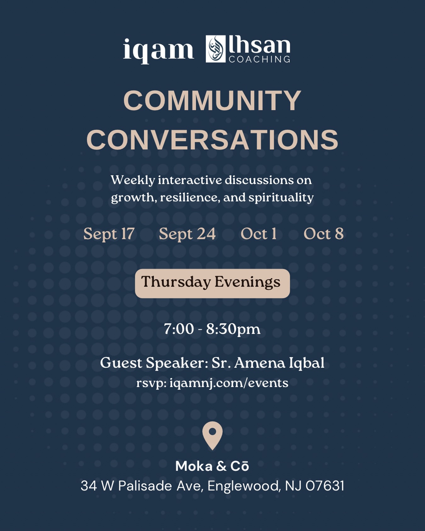 As life changes, so do the ways we understand ourselves, relate to others, and navigate everything around us.

Join us for a new weekly series exploring themes related to emotional intelligence, identity, and growth with Amena Iqbal, a national certified counselor.

If life has been feeling heavier than usual, if you’ve been feeling restless, or if you’re just looking for a place to make new friends, join us for a 4-week journey to explore, reflect, and explore these questions together. 

🔗Rsvp with link in bio 

#njmuslims #iqam #community #northjersey